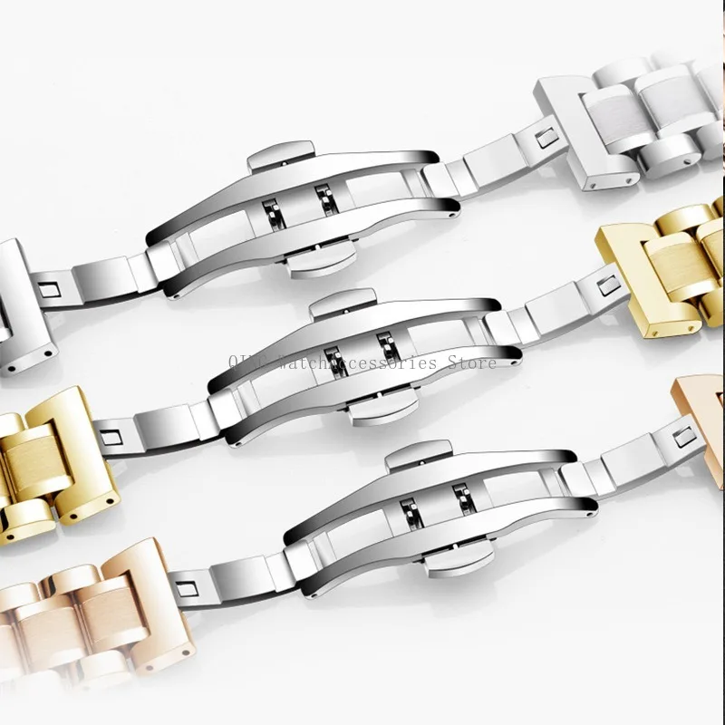 Curved End Solid Stainless Steel WatchBand Universal Men Women Metal Strap Sport Replacement Bracelet Butterfly Buckle Wristband