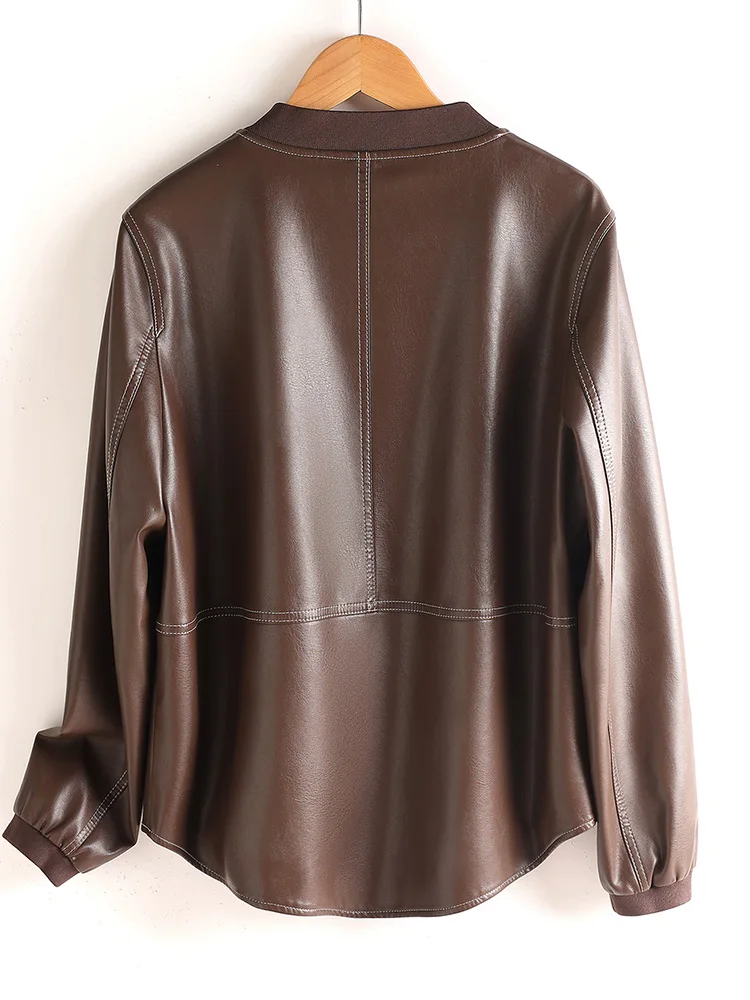 New Women Casual Loose Split Leather Jacket Spring Autumn Fashion Baseball Collar Long Sleeve Daily Leather Coat Easy match Coat
