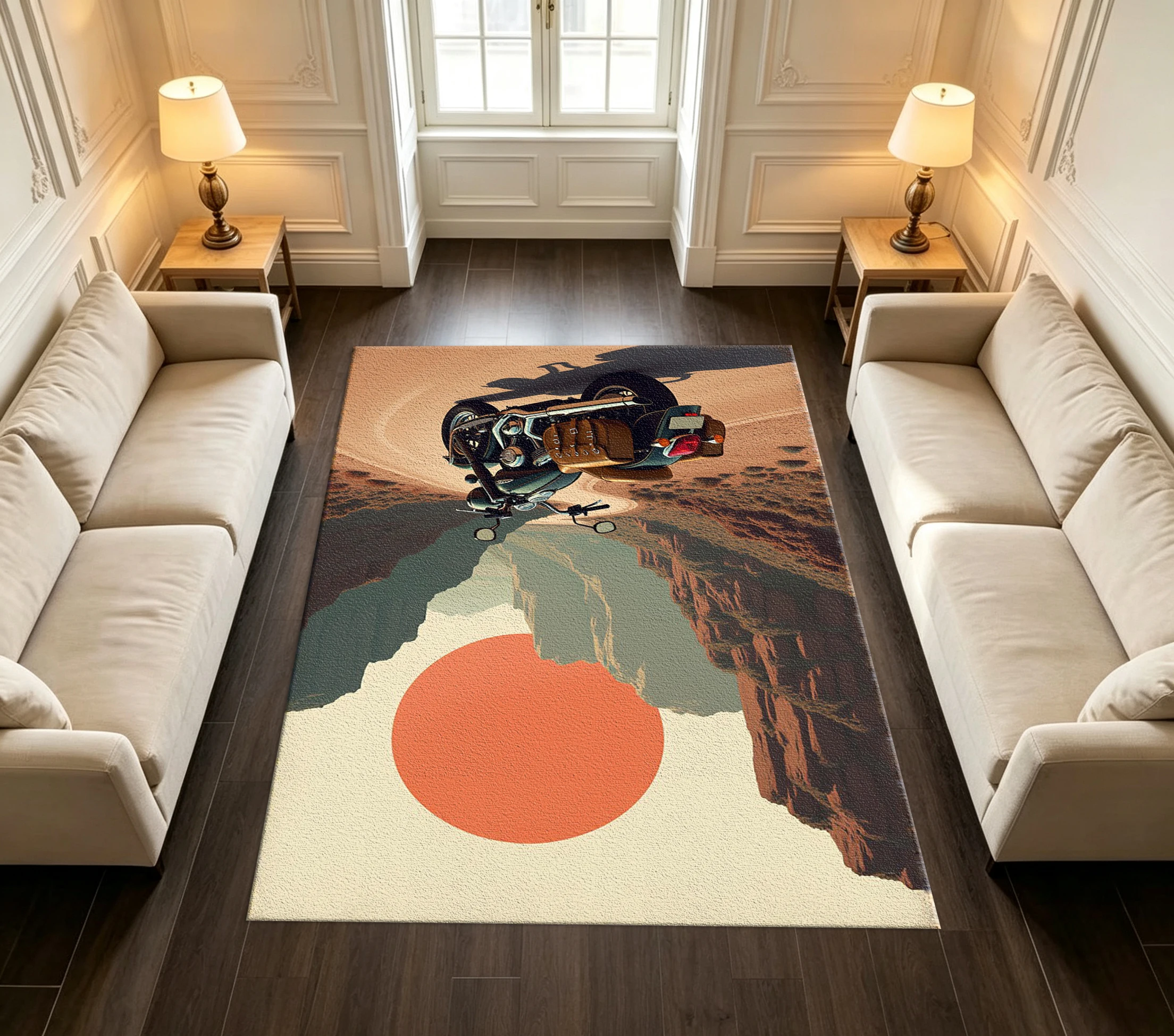 Vintage Motorcycle Canyon Sunset Scenery Rug Retro Travel Theme Living Room Carpet