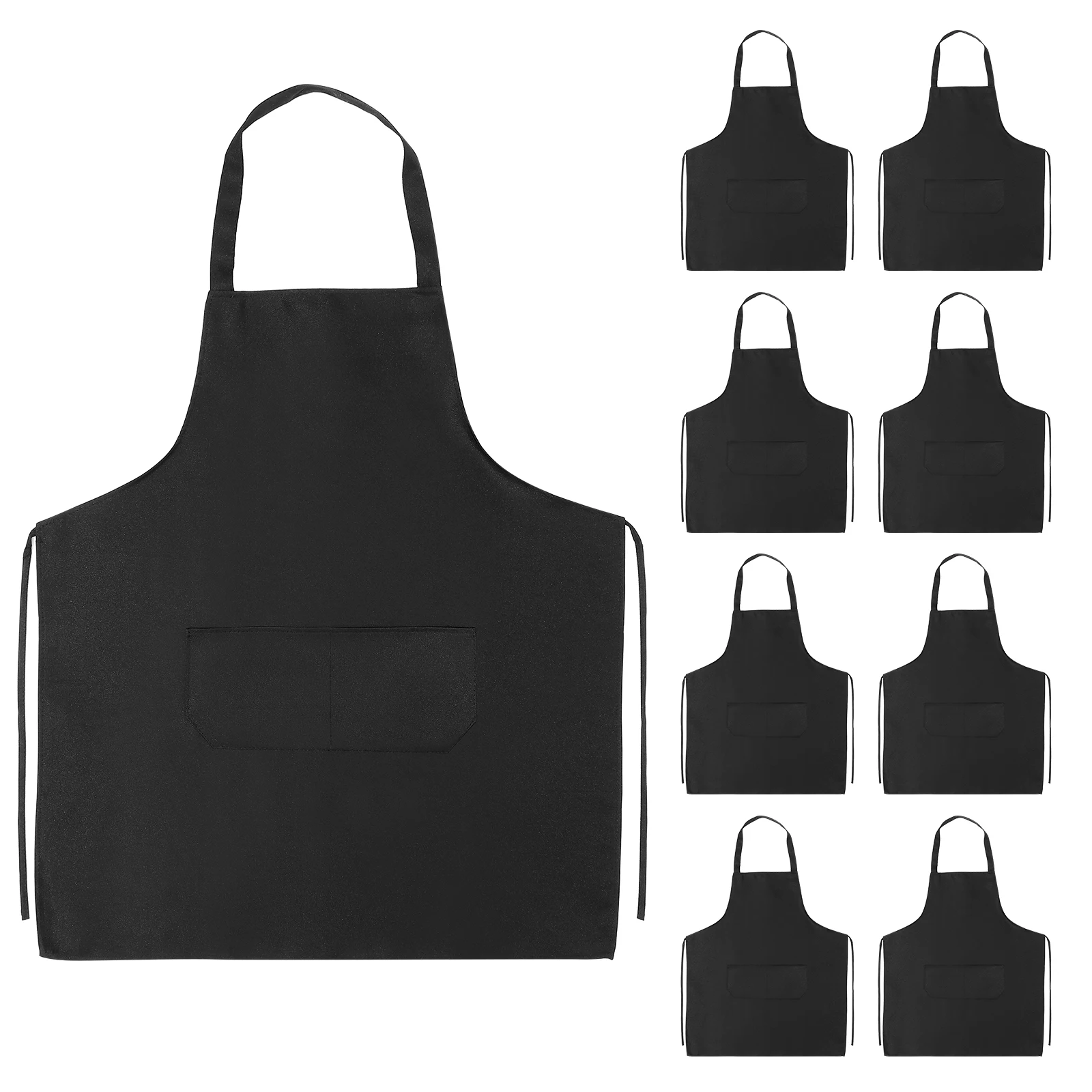 

10pcs Kitchen Apron Plain Black Polyester Waiter Chef Restaurant Bib with Pockets Waterproof Washable Unisex 62cmx72cm