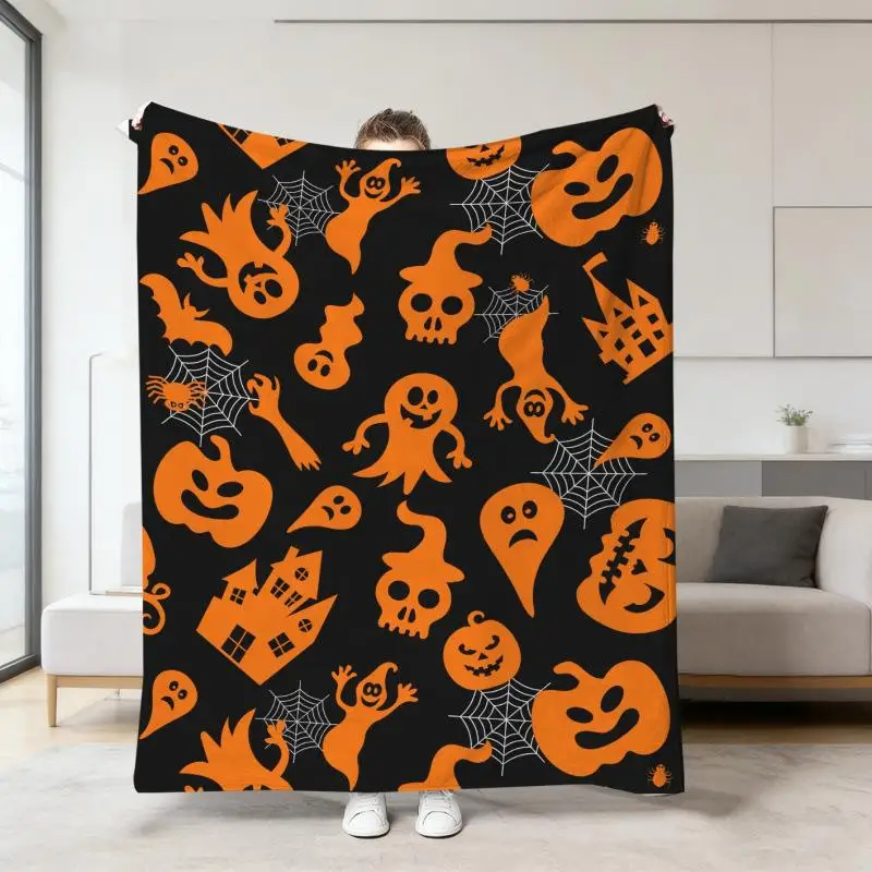 Halloween Warme Weiche Decke mit Geister-, Kürbis- und Totenkopf-Druck, Flanell-Schlafdecken, Multifunktionale Dekorative Decken – Detail 27