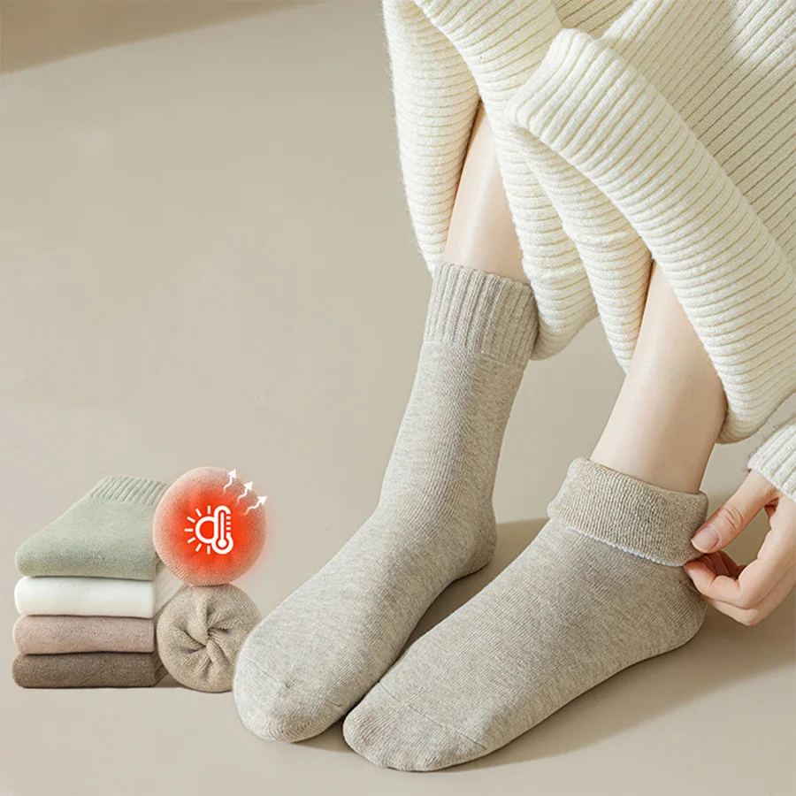 

Socks for women in autumn and winter, looped socks, mid tube socks, warm and plush, thick, solid color, winter postpartum socks