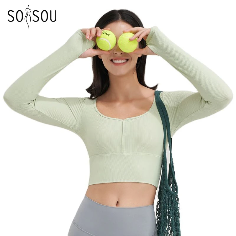 SOISOU Nylon Gym Yoga Shirts Women Tops Long Sleeve Threaded Sportswear Sport Crop Top Chest Pad Thumb Hole Elastic Breathable