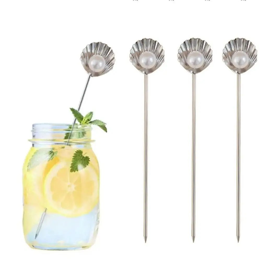 

4Pcs Appetizer Pick Shell Pearl Design Fruit Stick Reusable 304 Stainless Steel Fruit Fork Rust-proof Wine Needle Party