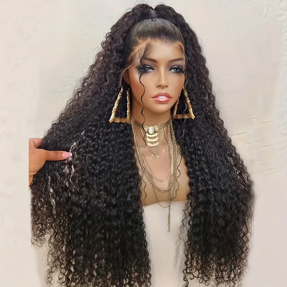 

Безклеевые парики с кружевной передней частью 13*4*1, 26 дюймов, 180% плотности, черные, кудрявые, с эффектом «дитячих волос», из синтетического волокна, для повседневной носки