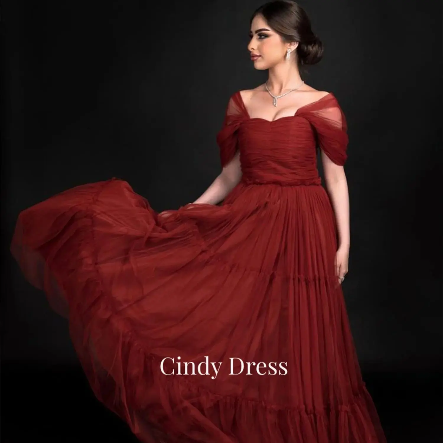 

Cindy Prom Dresses Claret Gala A-line Evening Women Mesh Dress Off the Shoulders Luxurious Women's Long Elegant Party 2024 Woman