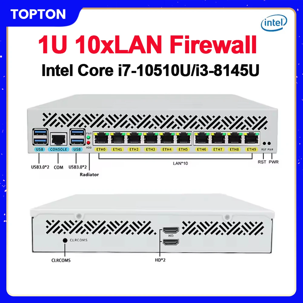 

Topton 10x1GbE LAN 1U 9,5-дюймовый прибор для монтажа в стойку Firewall Мини-ПК Intel Core i7 10510U i3 8145U Маршрутизационная система Домашний сервер