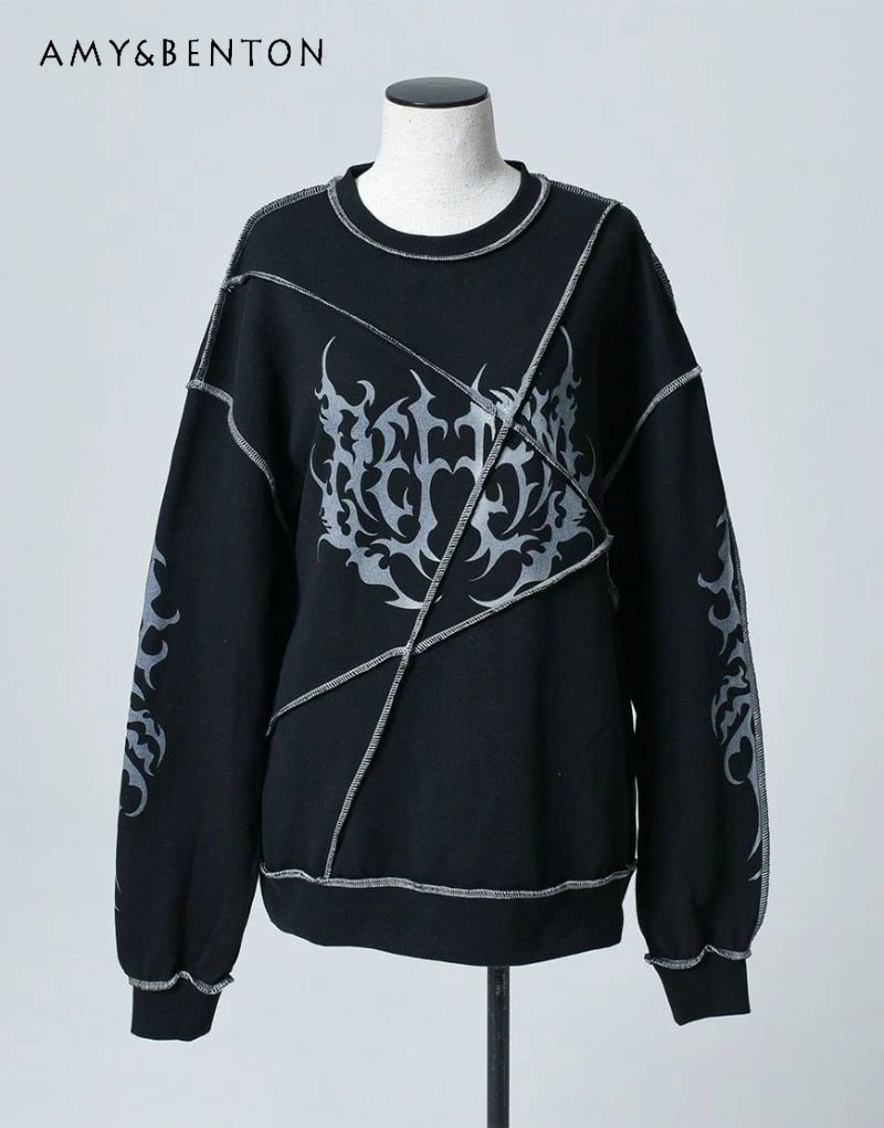 Japanese Harajuku Style Deconstructed Retro Washed Gothic Print Long Sleeve Sweatshirt Subculture Punk Style Oversized Hoodie