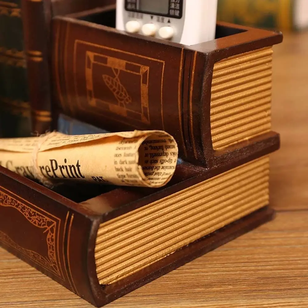 Imagem -02 - Livro Forma Armazenamento Gaveta Diversos Gavetas Papelaria Titular Vintage Livro Modelo Madeira Pen Holder Pen Holder Retro Wood Pen Case