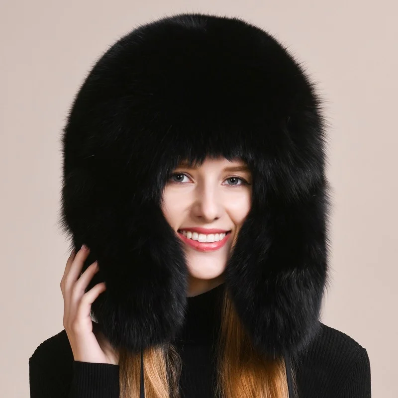 Real Fur 100% Fox Skin Russian Businessmen Pilot Bombers Full Mao Men's hat Ushanka Winter Ear Guard Hat Raccoon Fur Beanie hat