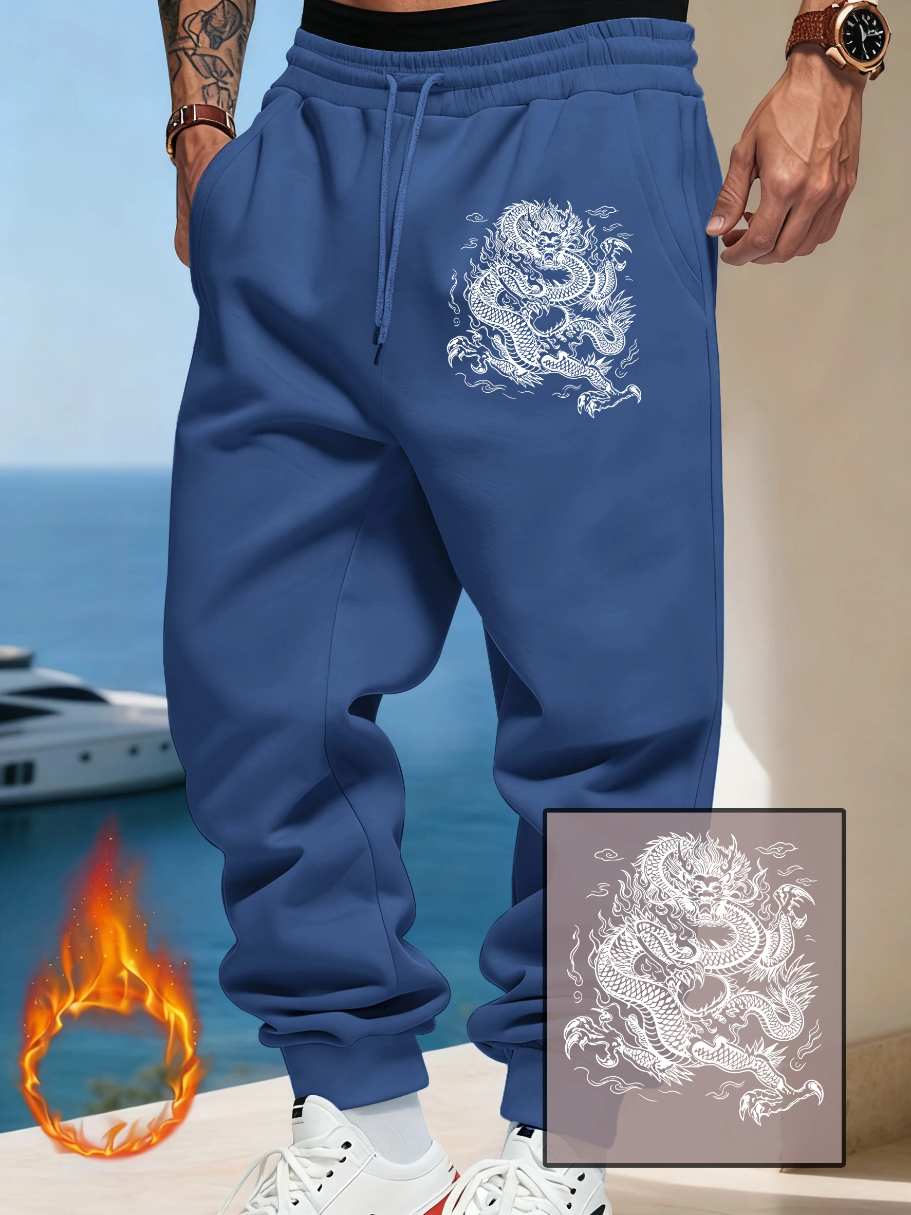 Harajuku Japanese Dragon Print Men'S Sweatpants Loose Autumn Jogging Pants Casual Fleece Streetwear All-Match Korean Trouser