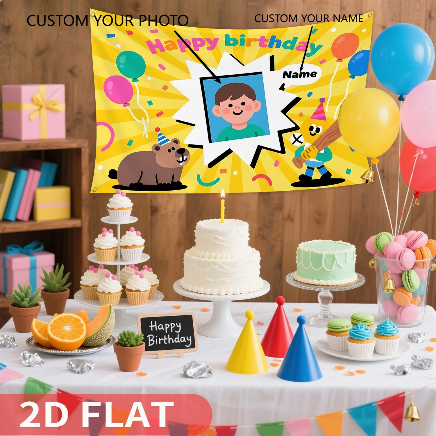 

1pc Customizable Birthday Party Banner with Capybara - Personalized Text & Names, Happy Birthday Cake Balloons Photo Backdrop
