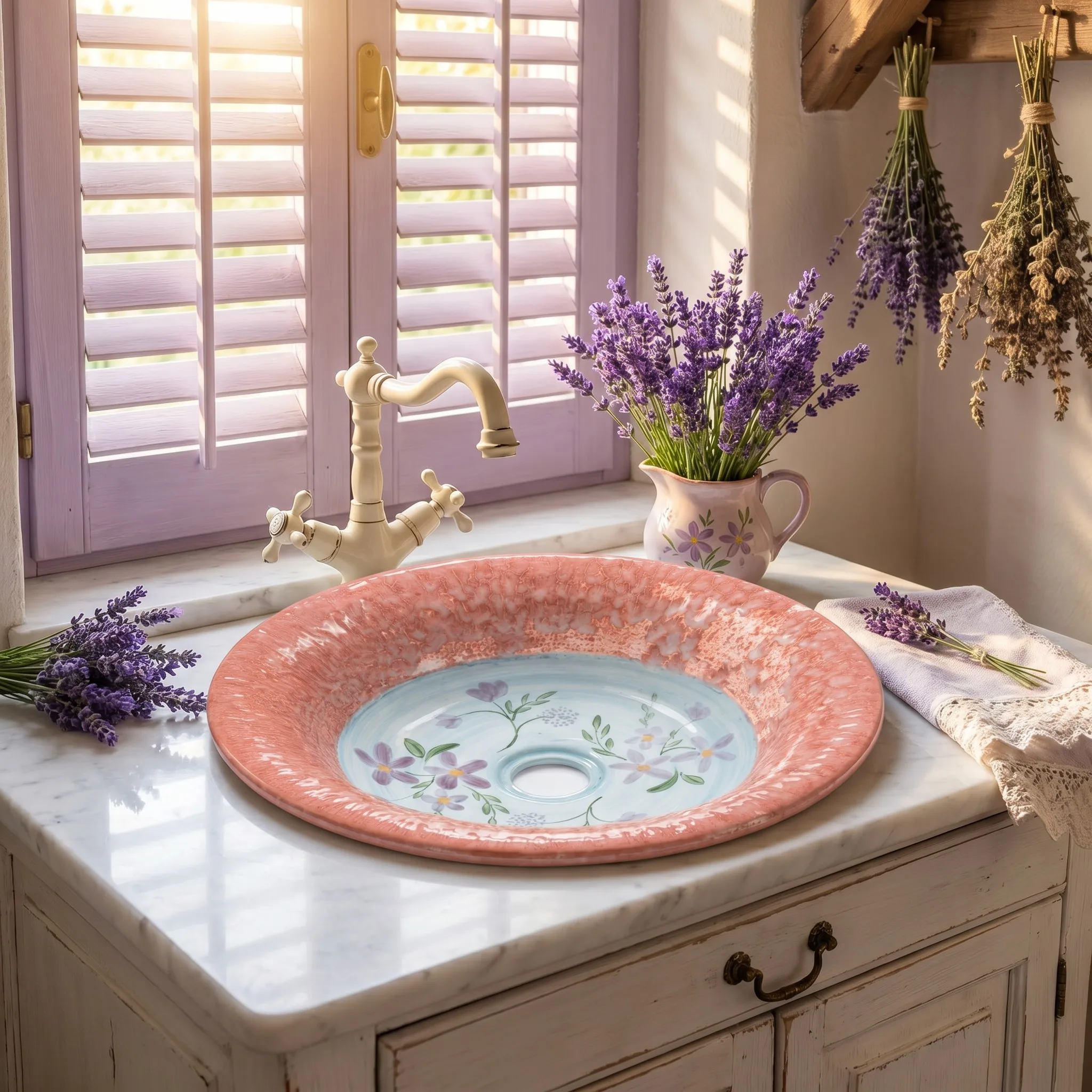 R*# Light Luxury High-End Modern Hand-Painted Ceramic Art Basin with Floral Effect Water Resistant Countertop Sink with Drainer