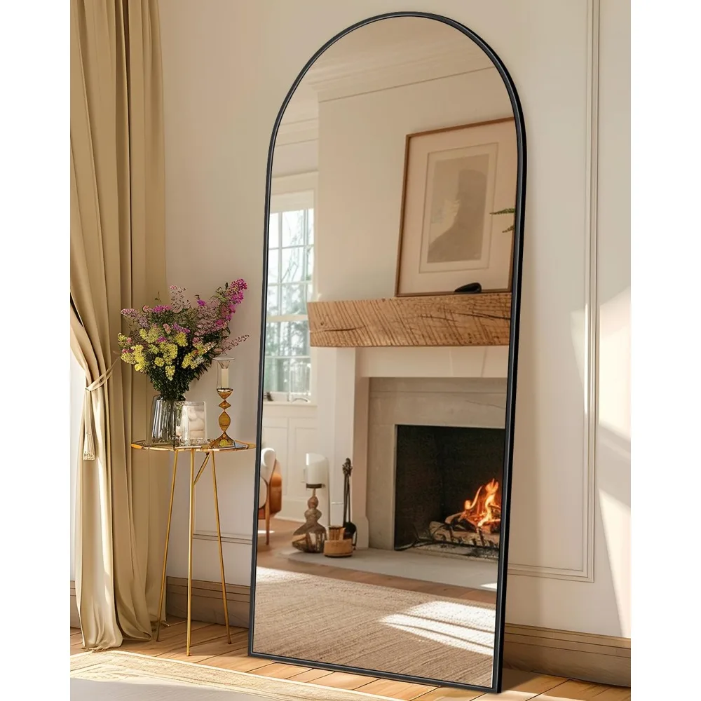 مرآة قائمة على الأرض مقوسة كبيرة، مرآة بإطار من الألومنيوم لكامل الجسم مقاس 68 × 26 مع حامل، مرايا كاملة الطول قائمة بذاتها للمنزل