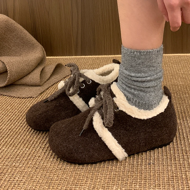 

Winter Flats Women's Cotton Shoes Fur Warm Casual Boots Fashion Lace Up Woman Sneakers 2025 New Short Plush Ladiea Snow Boots