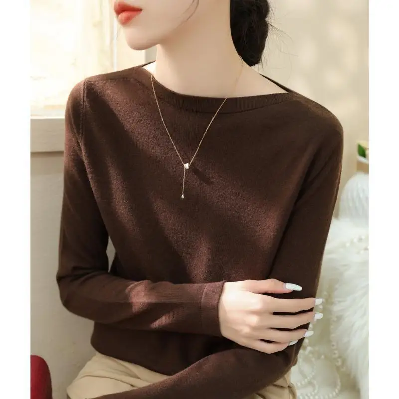 French Simple One-line Shoulder Collar Green Base Shirt 2023 Autumn/winter Sweater Long Sleeve Soft Knit Top