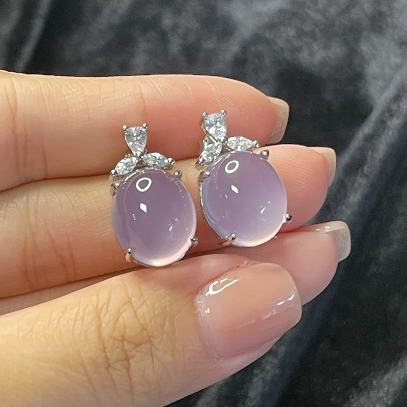 

Hot-selling high-ice violet stud earrings pink chalcedony s925 silver-plated 18K rose gold hibiscus gemstone romantic love