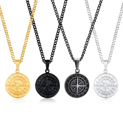 Gold Color Men Compass Necklaces,Vintage Viking North Star Anchor Medal,Stainless Steel Pendant for Male Dad Boy Gift Birthday