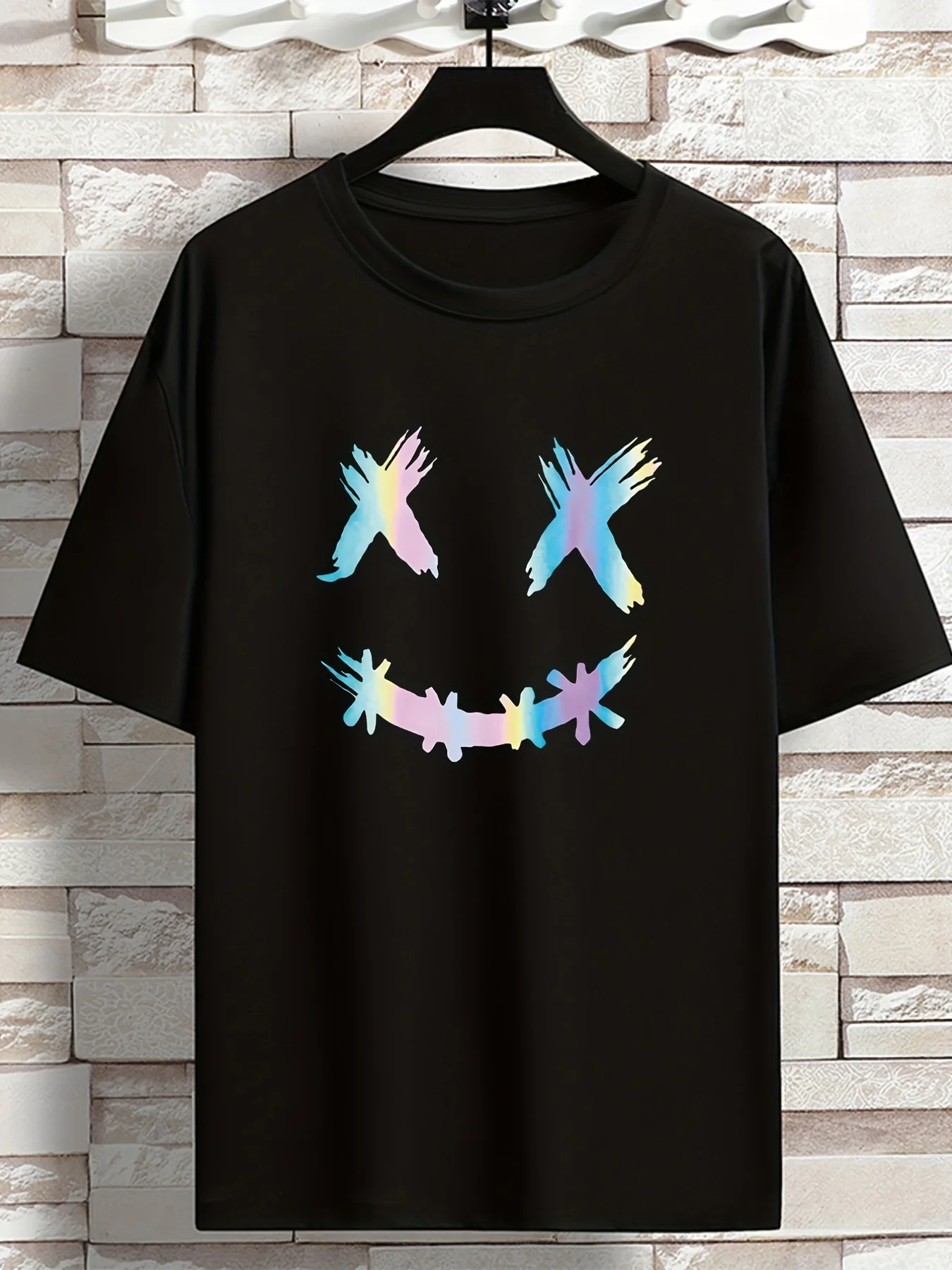 Camiseta de algodón casual de manga corta con cuello redondo para hombre, con estampado gráfico de Tie Dye X Eyes Smiley y arte facial grunge arcoíris, para uso diario.