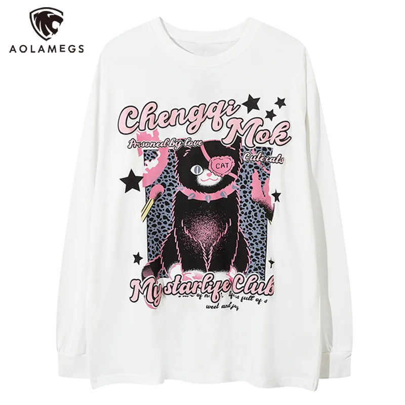 Men's Pure Cotton Long Sleeve T-shirt Cute Cats Print Top All-match Casual Loose Bottoming Shirt Simple Trend Streetwear Clothes