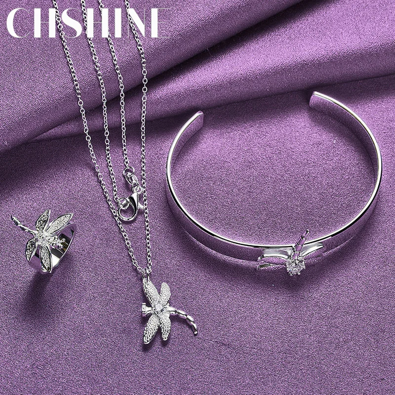 

CHSHINE 925 Sterling Silver Dragonfly Zircon Bangle Bracelet Ring Necklace Fashion Charm Jewelry Set