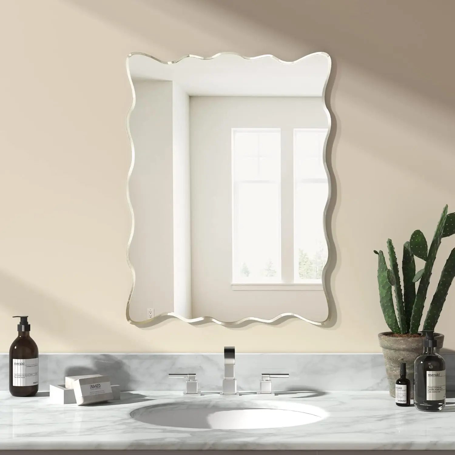 

Wavy Wall Mirror Frameless Bathroom Mirrors for Over Sink 18” x 24' Beveled Edge Mirror for Vanity and Entryway Hang Horizontall
