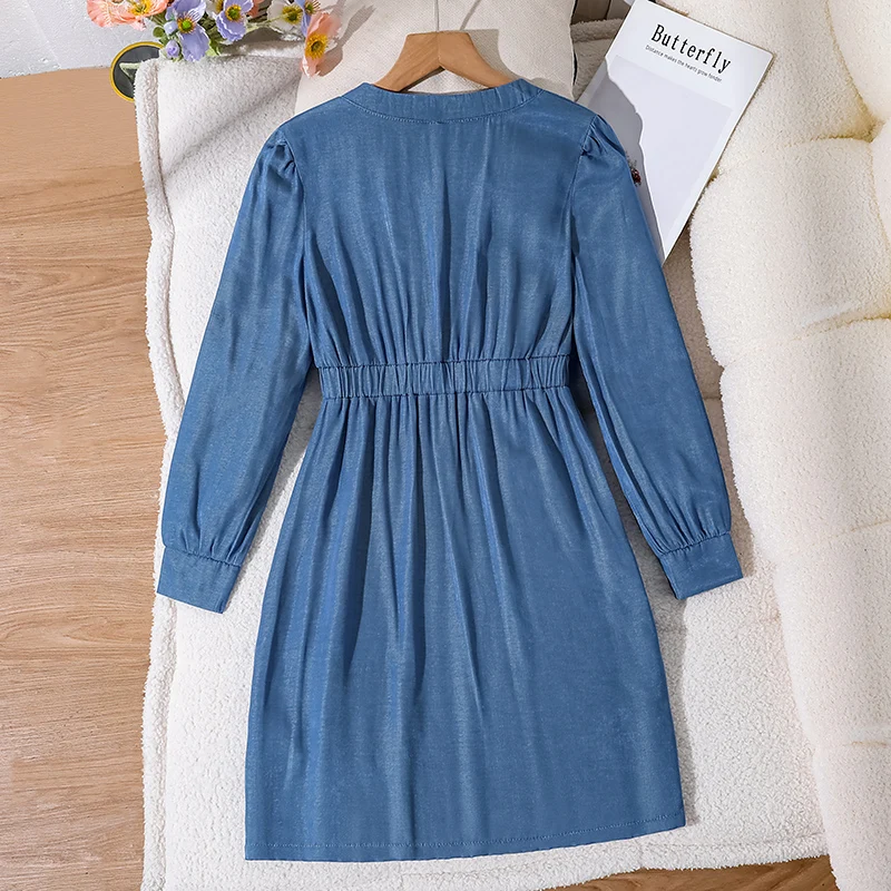 Teen Girls Imitation Denim Color Block Dress, Asymmetric Panel Metal Buckle Decor Gathered Waist Long Sleeve Dress
