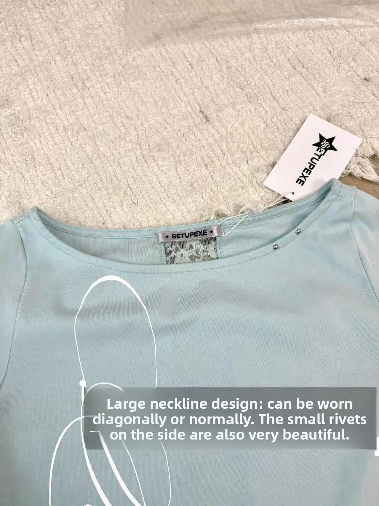Sexy Short Sleeve Lace Trim Fitted Cross Design Rivet Hollow out American Hot Girl Y2K Mint Green Shoulder T-Shirt for Women