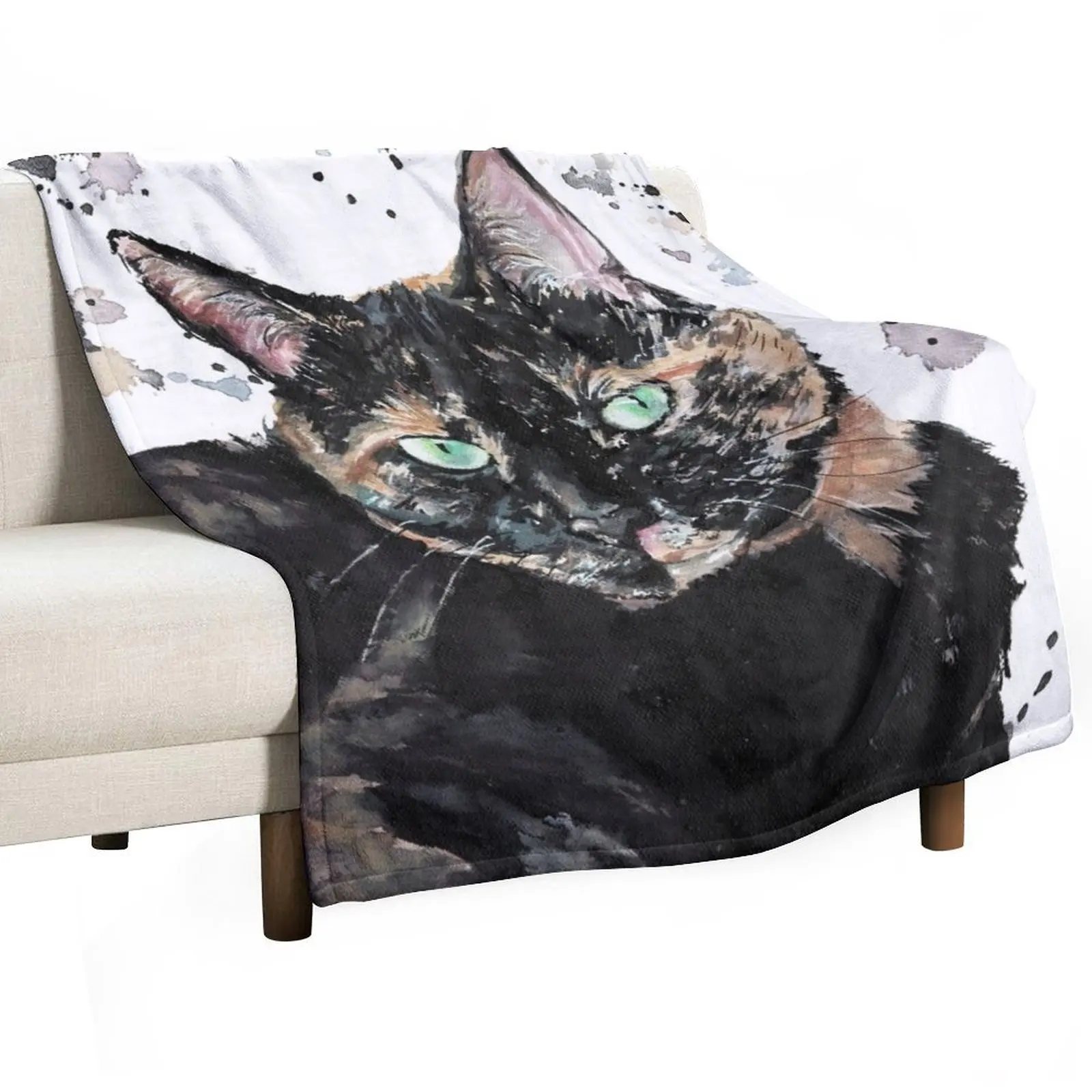 Watercolour Torti Cat Throw Blanket Lightweight Warm Blanket for Indoor Outdoor Use