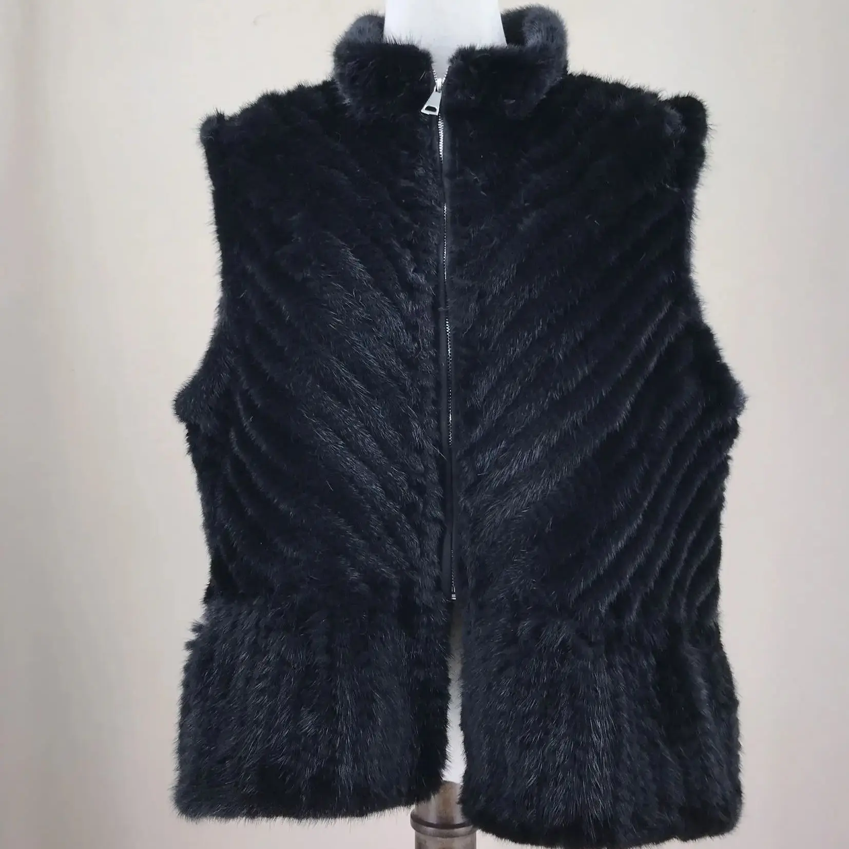 Real Mink Fur Vest, Waistcoat with Lining, New Design, Classic Black V Neck, Zipper  210912