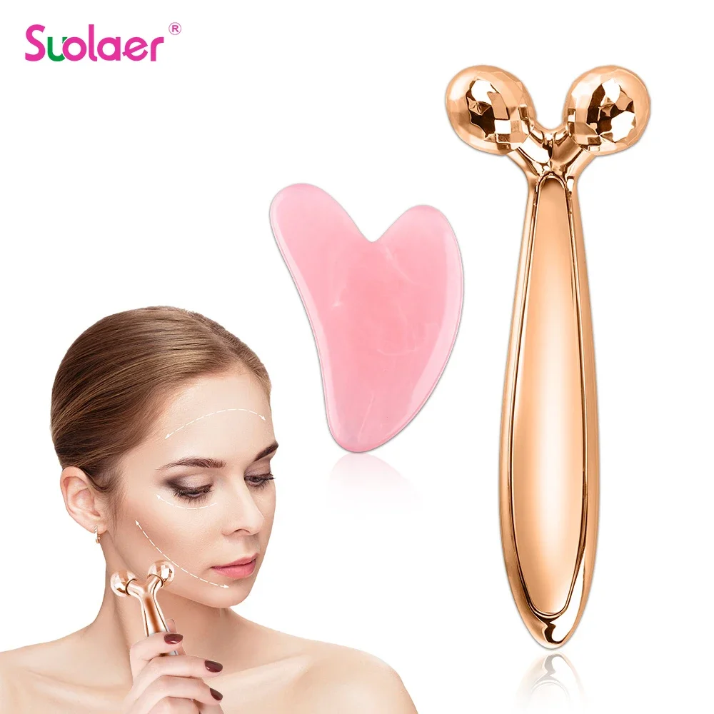 Y Shape 3D Roller Face Neck Massager 360 Rotate Thin Body Massage Tools + Guasha Gouache Scraper Skin Lifting Wrinkle Remover