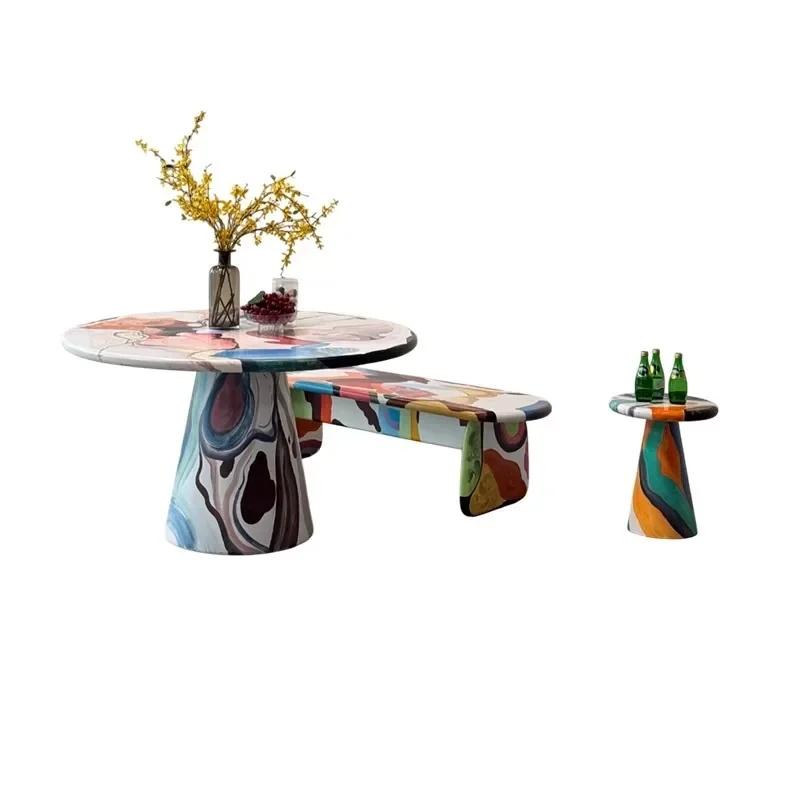 Hand painted oil painting dining table circular furnace graffiti, casual creative dining table, modern simple table