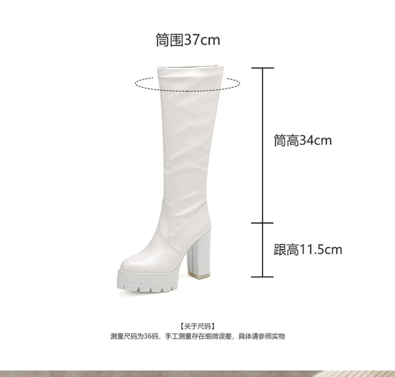 ORCHALISA Vintage Women Knee Boots Round Toe 11.5CM Block Heels 4cm Platform Slip On Plus Size 41 42 43 Fashion Daily Bota White