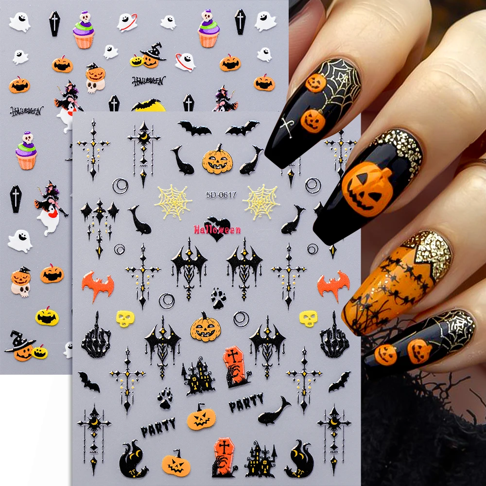 สติกเกอร์ติดเล็บลายฮาโลวีน 5D ลายผีหน้าฟักทอง 1 ชิ้น แบบติดเอง สำหรับตกแต่งเล็บในเทศกาลฮาโลวีน