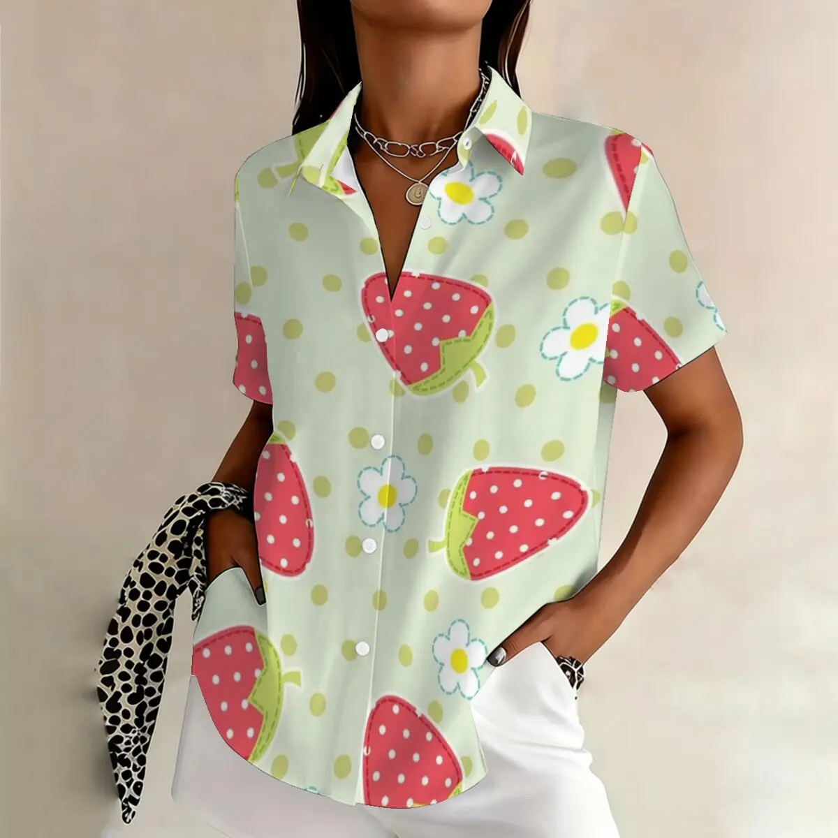 

Women's plus-size cartoon watermelon print short-sleeved shirt for summer, sweet and fresh pattern