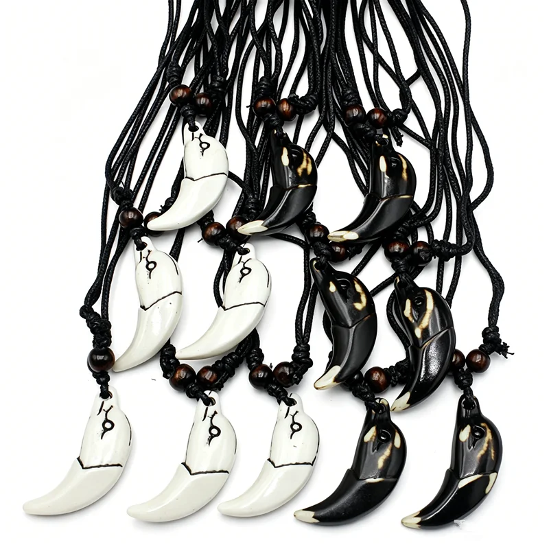 12Pcs Wholesale Tribal Dolphin Tooth Necklaces, Resin Imitation Bone, 2 Colors, Adjustable Black Cord Surfer Ethnic Jewelry