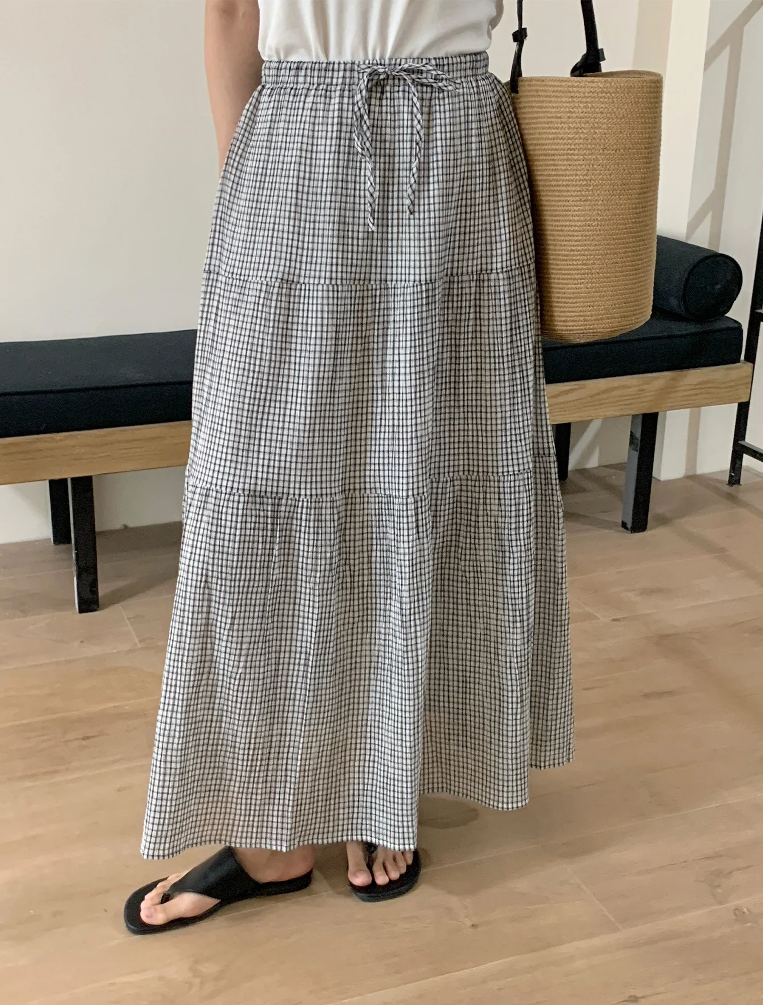 

Korean Sle High Waist Plaid A-Line Midi Skirt Women's Summer Faion Slimming Design Ci Commute Casual Travel Skirt