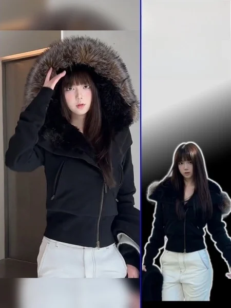 

plus Size Bla Hooded Jaet with Fur Collar ort Sweatirt Outerwear for Women Slimming Winter Zipper Cotton Coat Cardigan