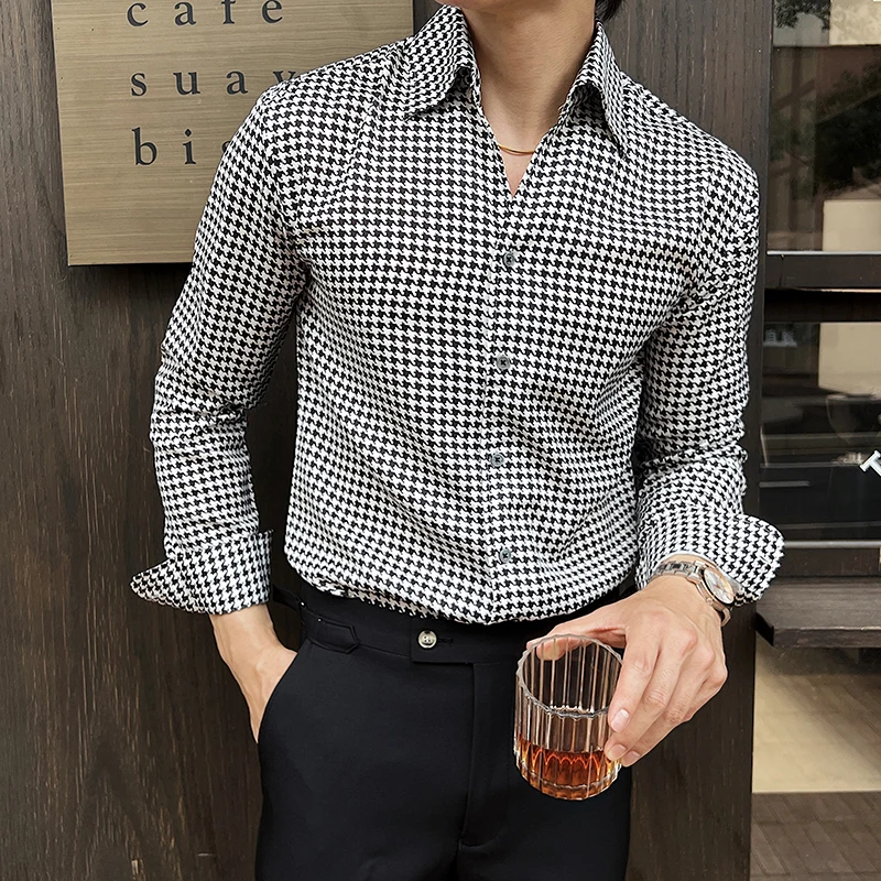 2025 Spring V-neck Shirt Men's Long Sleeved Shirt Fashion Checkered Casual Business Dress Shirt Slim Social Office Uniform Tops