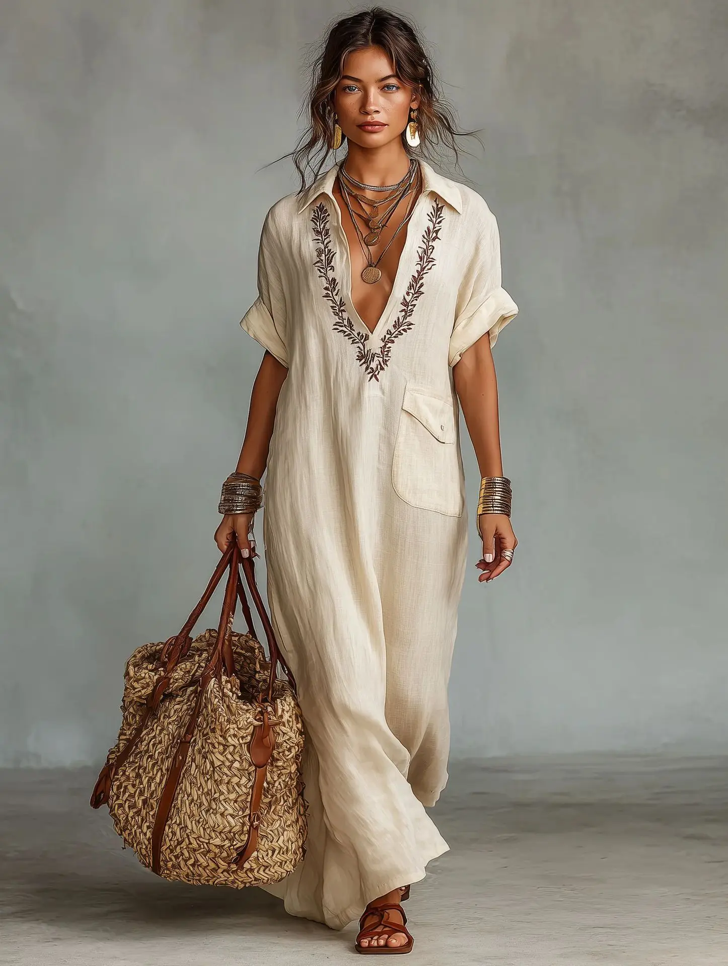 

Loose Casual Women's Dress Elegant Fashionable Embroidered Pocket Lapel Cotton V-neck Short-sleeved Extra-long A-line Dresses