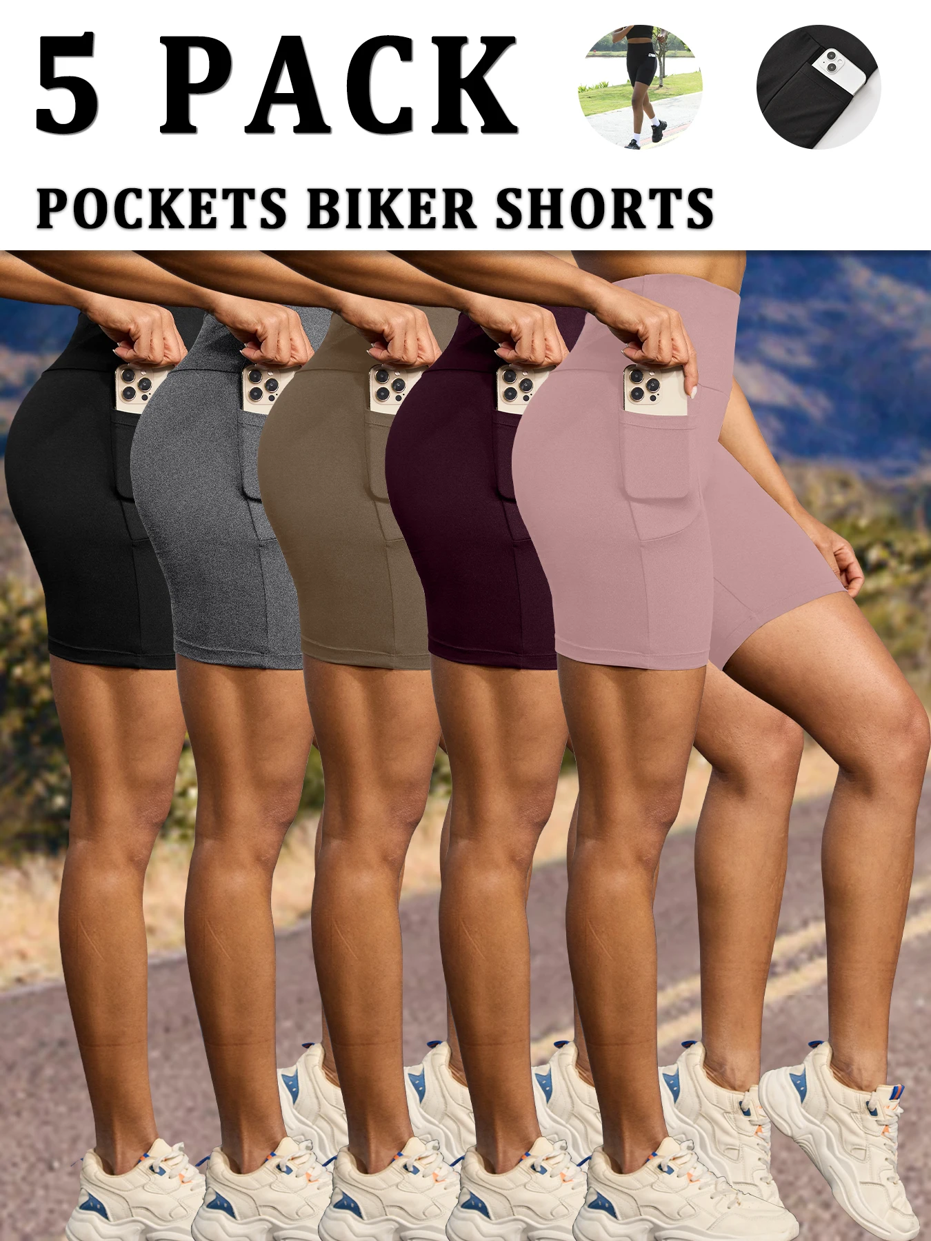 

5 Pack High Waisted Biker For Women With Pockets Tummy Control No See Through Workout Running Yoga Push Up Gym Fitness Shorts