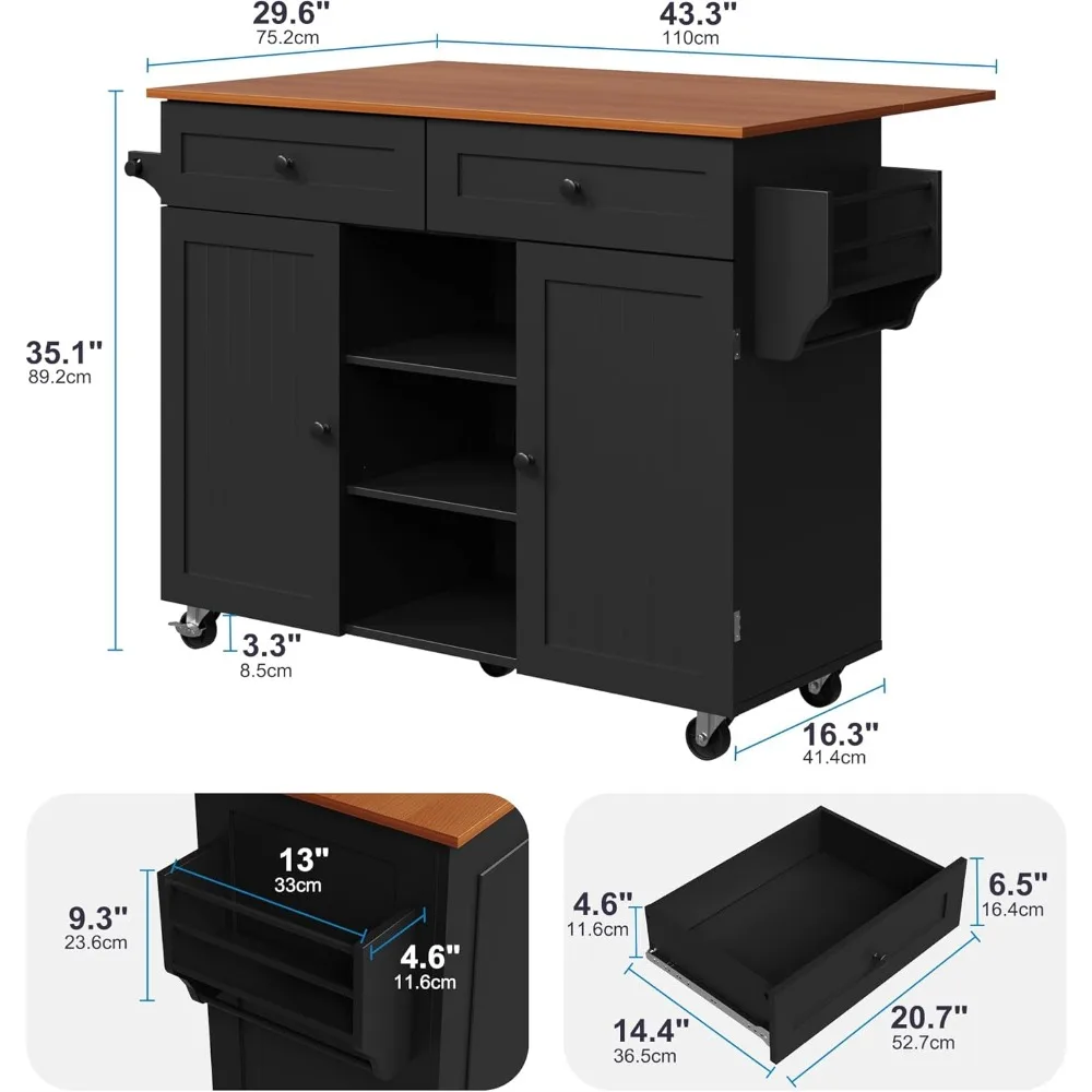 عربة جزيرة المطبخ المحمولة مع أوراق متدلية وأدراج تخزين