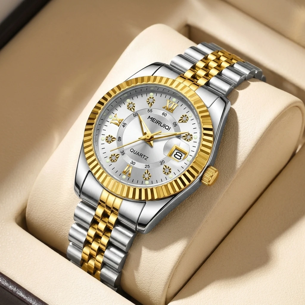 1pc Fashion Ladies Watch with Two-Tone Strap, Roman Numeral Markers, Calendar Display, Quartz Movement
