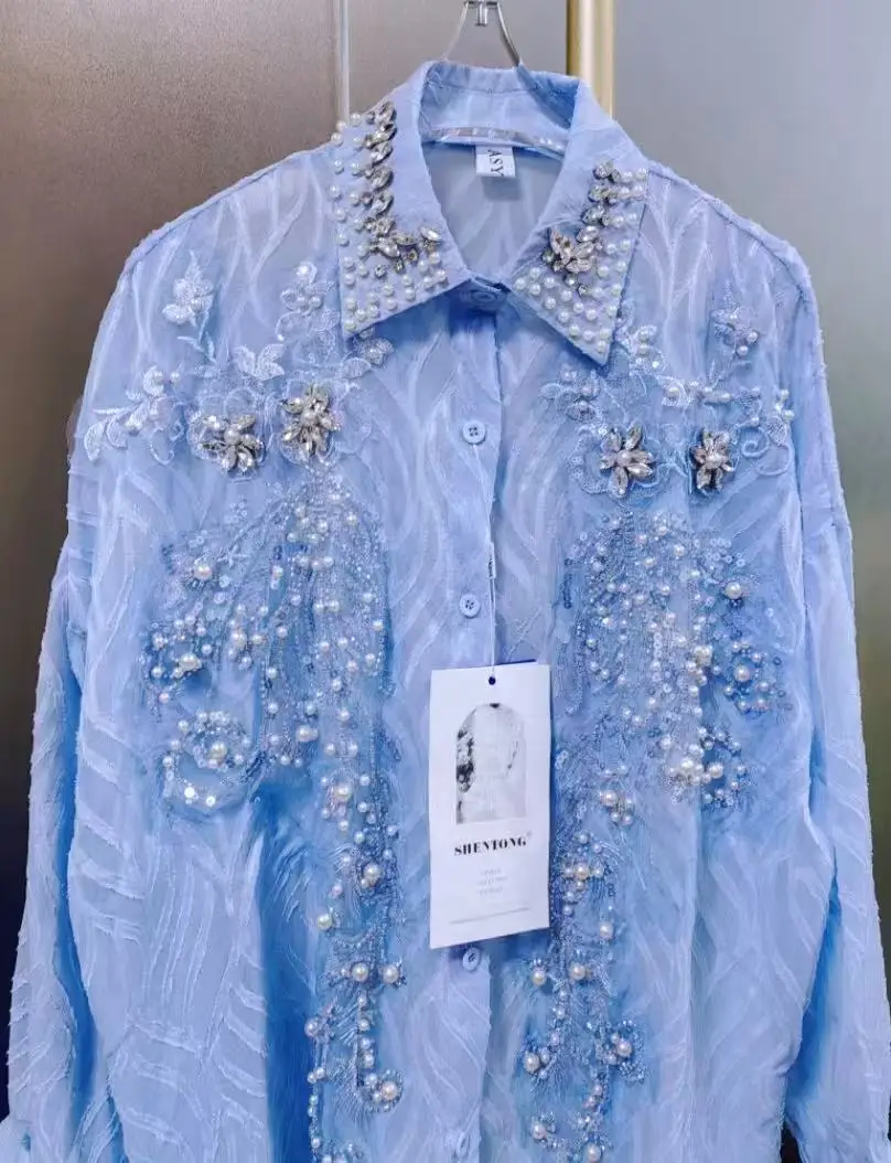 Luxury Pearls Beads Stitch Blue Blouses Shirts For Women 2025 Spring Summer New… - Image 3