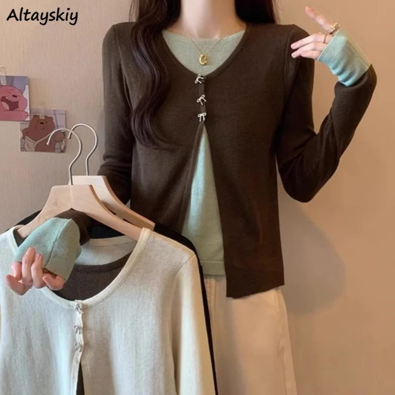 

Pullovers Women Korean Style Slim Long Sleeve Patchwork Knitted Bow Fake 2 Pcs Young Ins Niche Spring Autumn Casual High Street