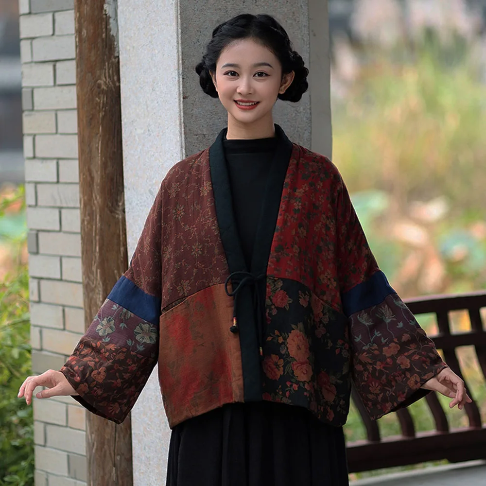 

Women Retro Loose Outwear Chinese-style Hanfu kimono Jacket Lightweight Quilted Open Front Printed Patchwork Short Coats Autumn