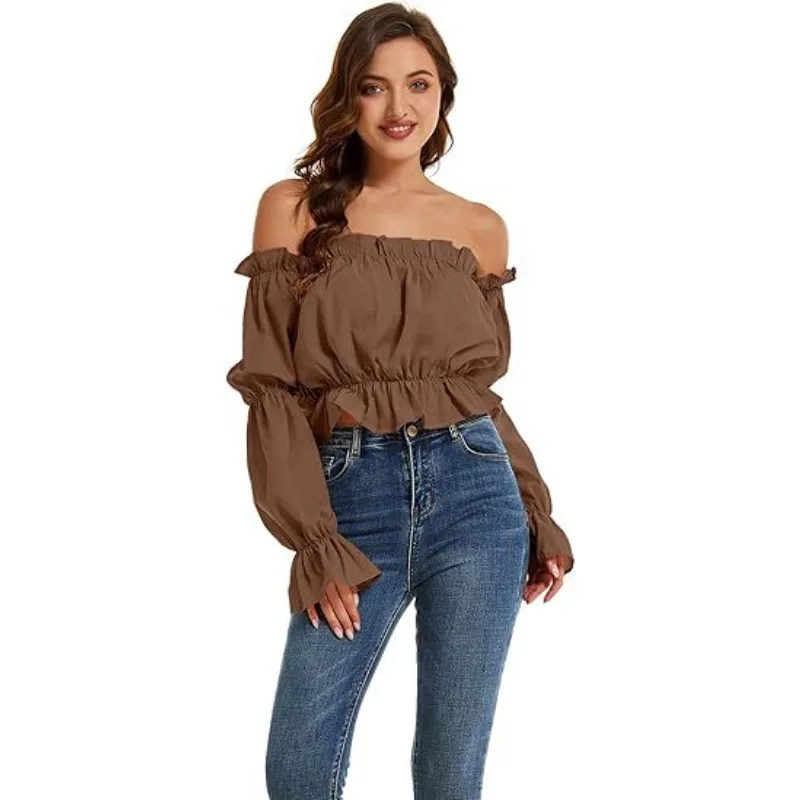 

Средневековая женская плиссированная пышная рубашка без бретелек с открытыми плечами и длинными рукавами в стиле Ренессанс 2022, топ