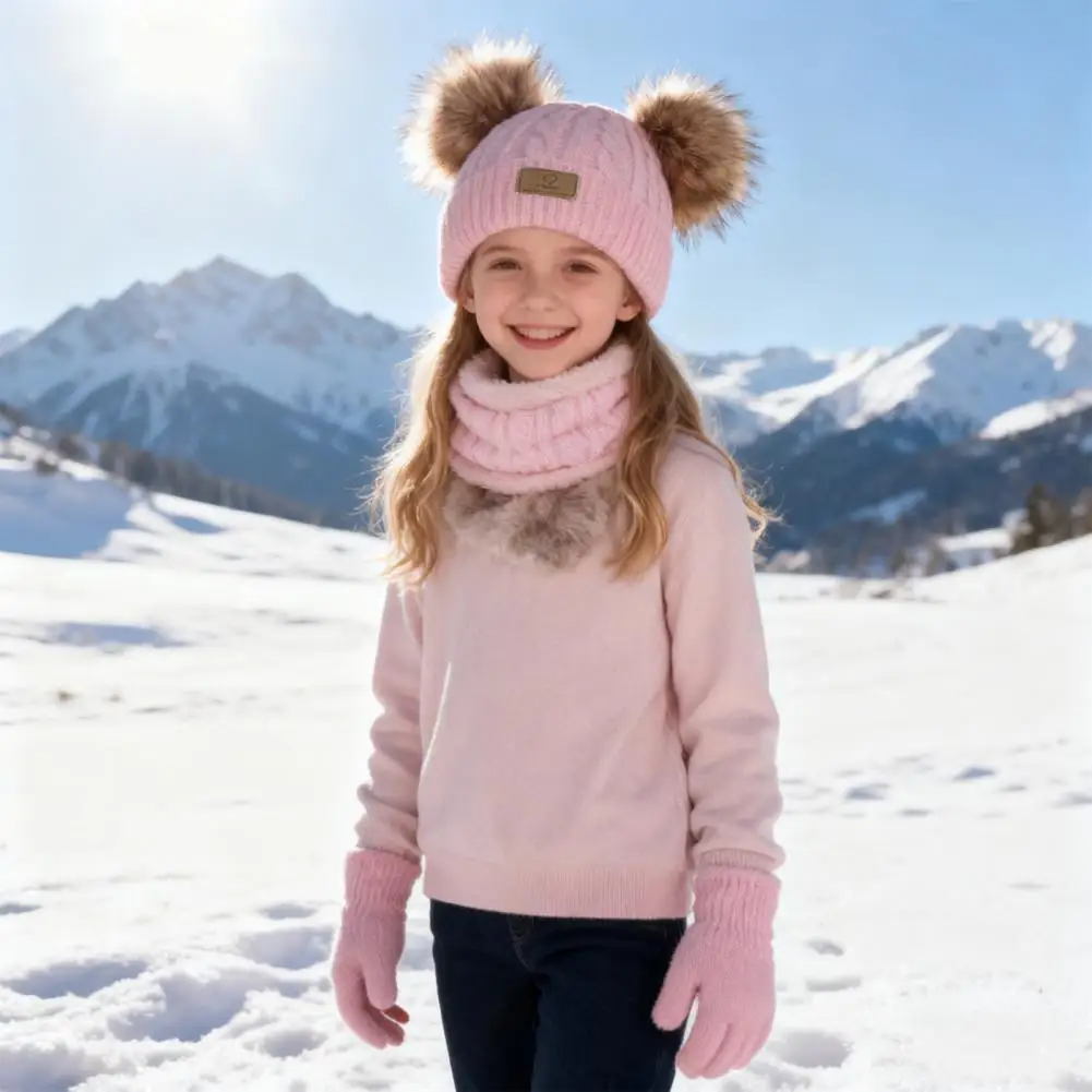 دافئ الاطفال الشتاء قبعة قفازات الاطفال الشتاء طقم قبعات الاطفال الشتاء قبعة وشاح قفازات مجموعة مع أفخم بوم بومس الدافئة محبوك الصوف بطانة #2