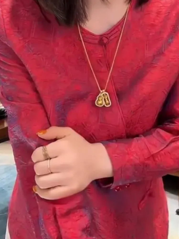 

Red Chinese Style Long Sleeve Shirt Women Pure Color Heavy New Style Festive Irregular round Neck Button up Casual Fashion