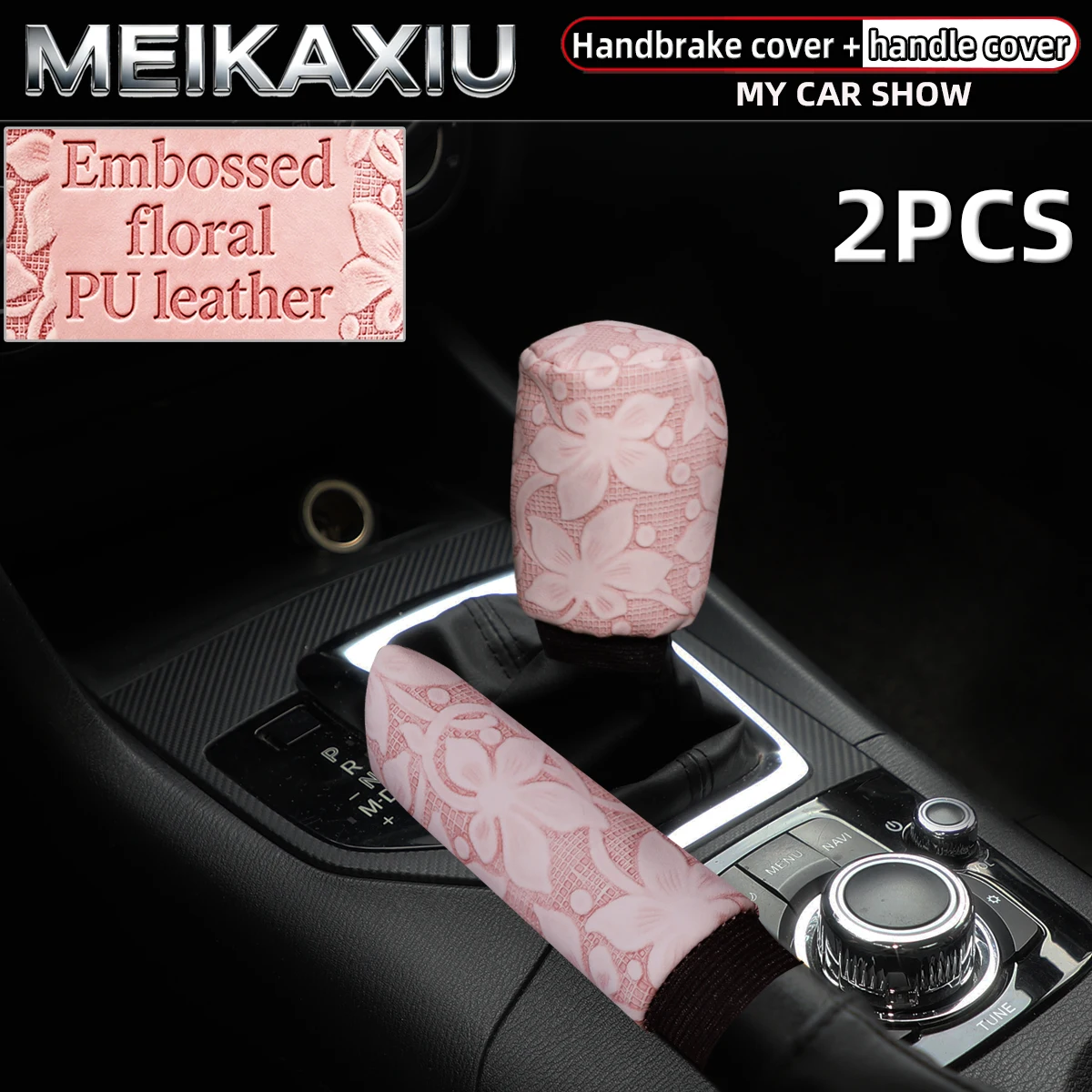 2PCS 3D engraved flower PU leather car handbrake lever cover for manual transmission car interior accessories for women